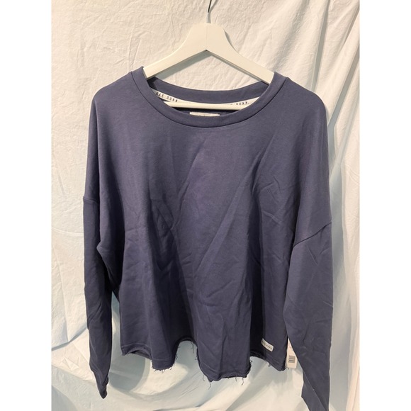 Rae Dunn Tops - Rae Dunn Nightshadow Blue Drop Shoulder Sweatshirt Crochet Trim Raw Hem XL NEW
